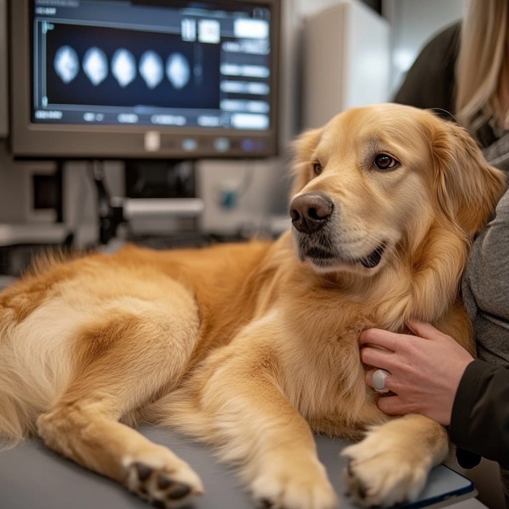 A golden retriever being held by a vet in a clinic