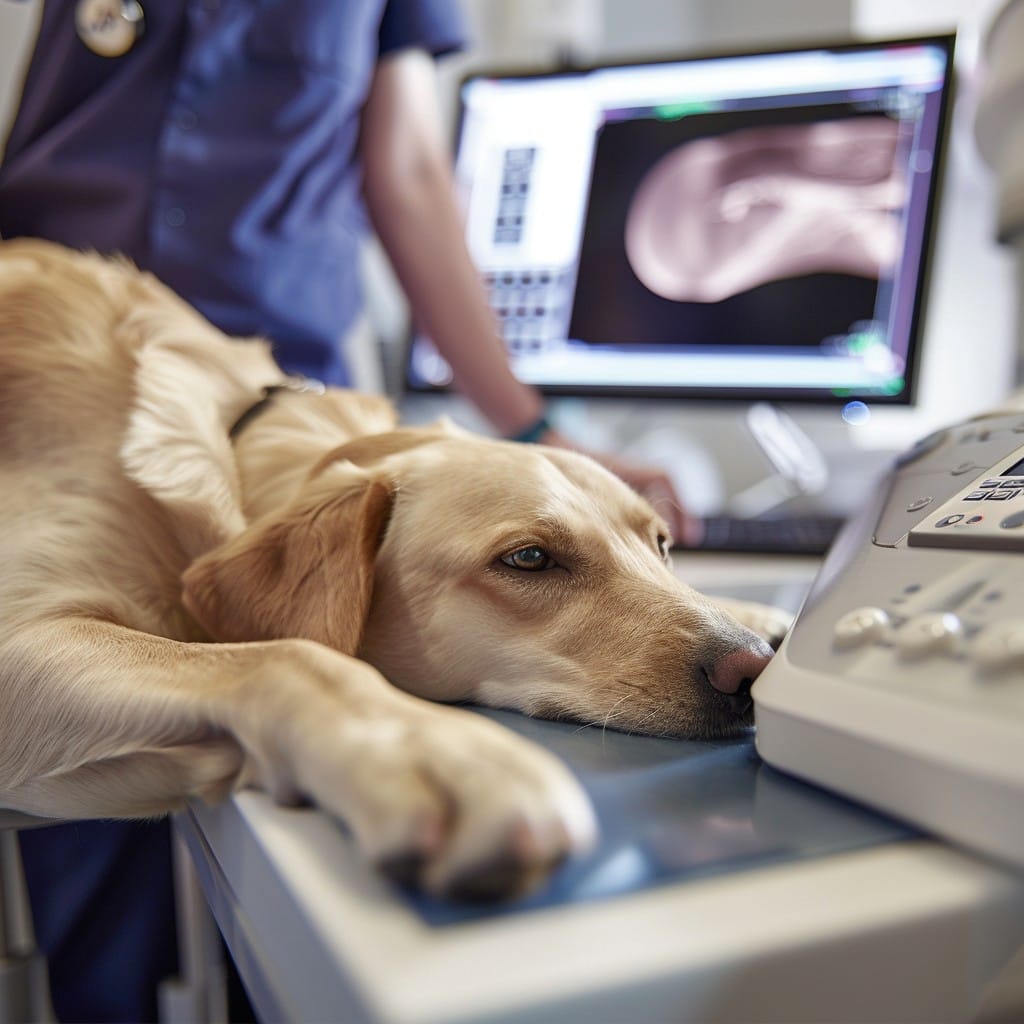 A golden retriever being checked at a clinic