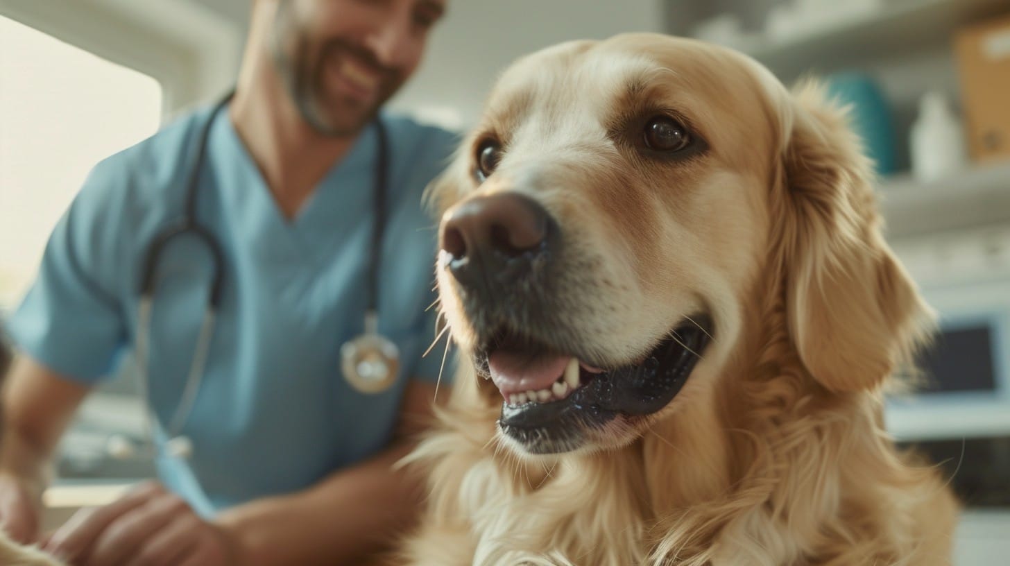 A dog smiling with a vet behind it