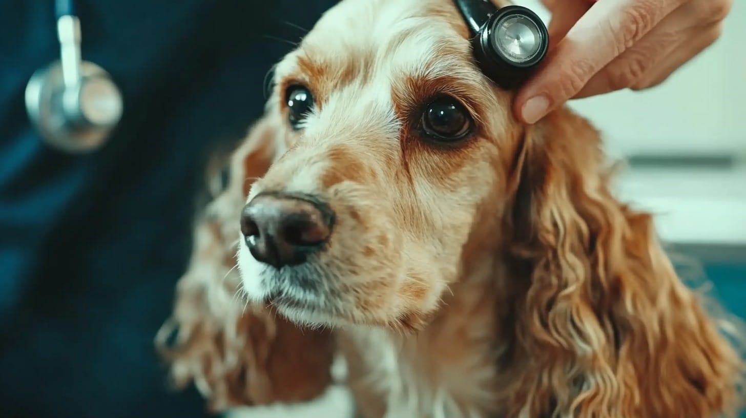 A dog getting checked by a vet